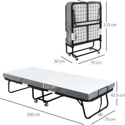 Folding Guest Bed With Mattress, Sturdy Metal Frame, Wheels Homcom