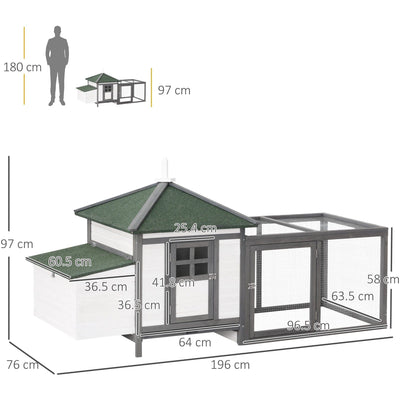 Chicken House With Run, Nesting Box, 196x76x97cm, Grey Pawhut