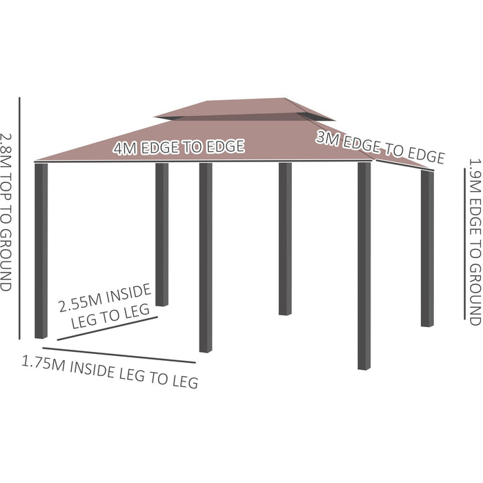 Metal Frame Gazebo With Sides, Garden Pavilion, 4x3m, Brown