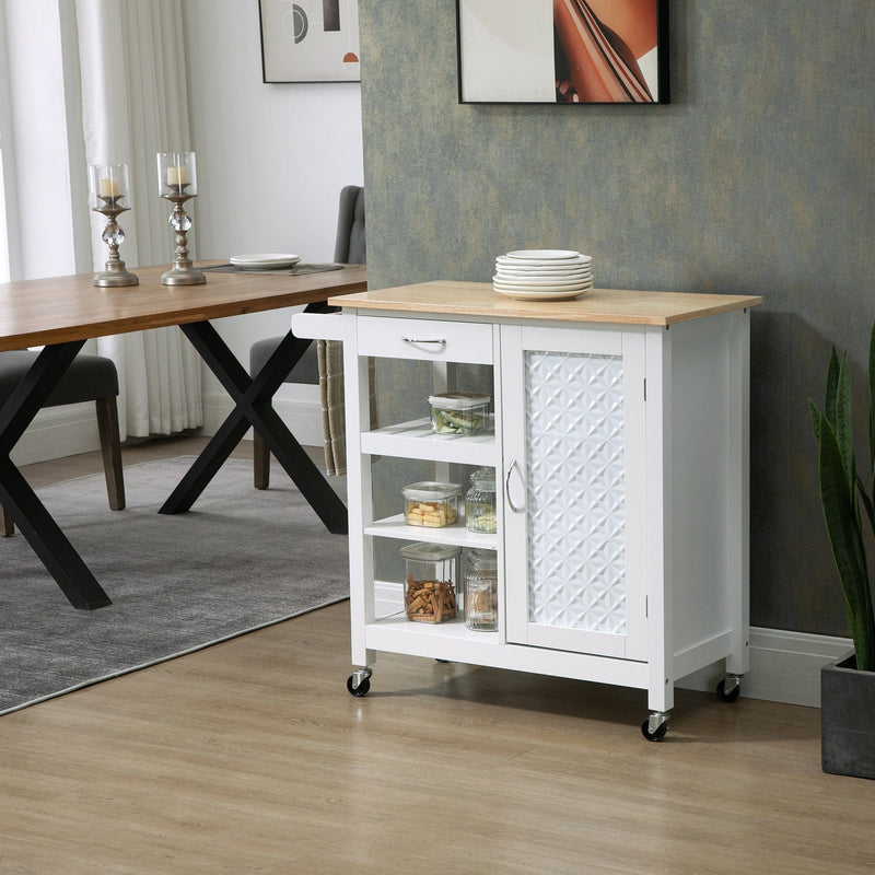 Kitchen Cart on Wheels, Embossed Door, Drawer, White