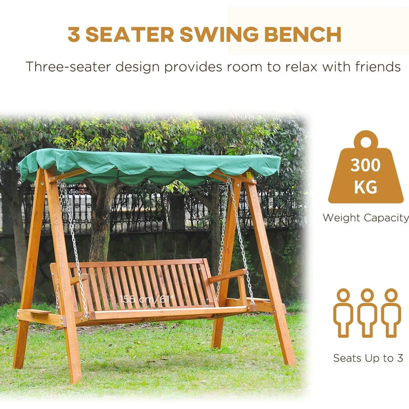 3 Seater Wooden Garden Swing Chair Bench, Green Outsunny