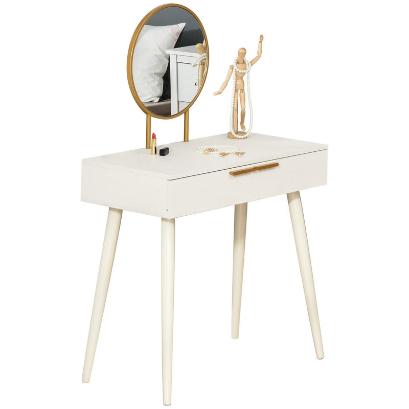 Modern Dressing Table With Round Mirror, 2 Drawers