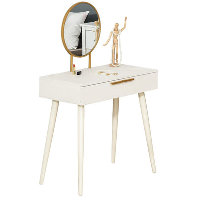 Modern Dressing Table With Round Mirror, 2 Drawers Homcom