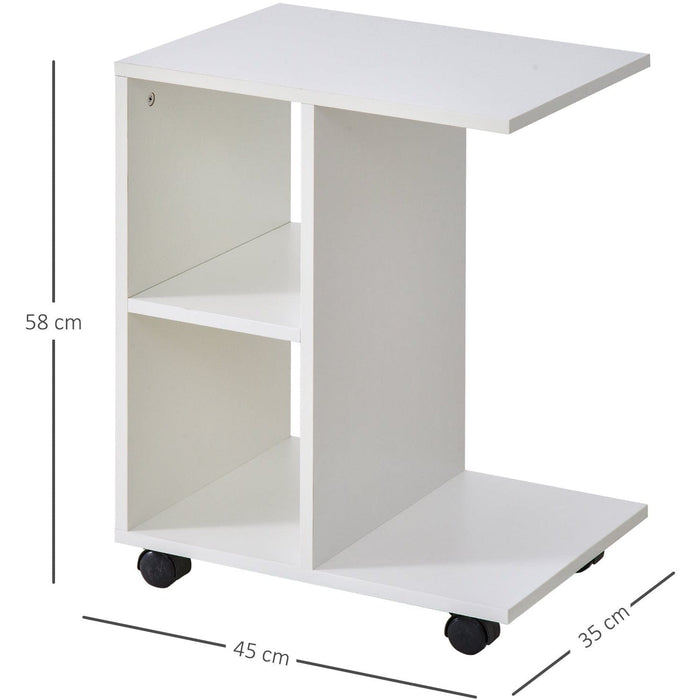 C Shape End Table with Shelves, 4 Wheels, Home Office