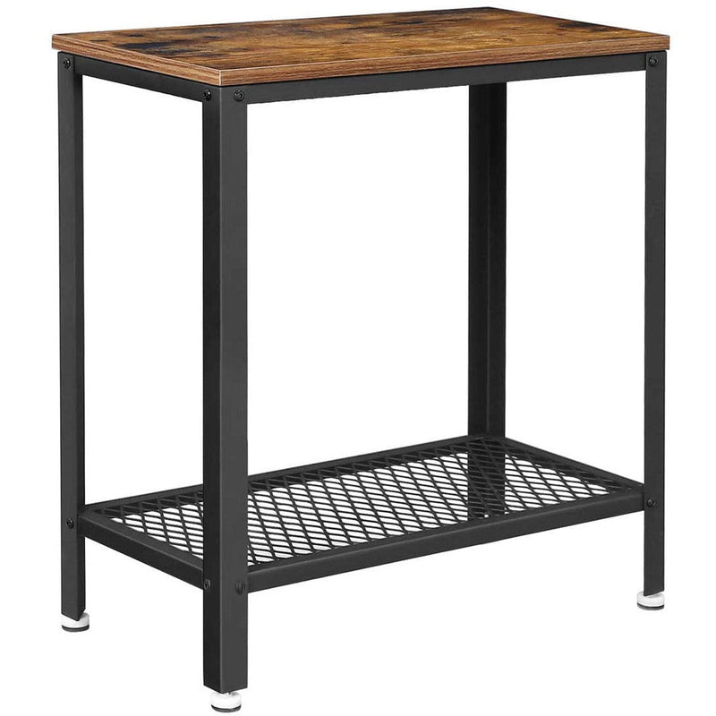 Industrial Sofa Table With Shelf by Vasagle - A charming side table with a black steel frame and a rustic brown wooden tabletop - There is an open shelf with a mesh bottom