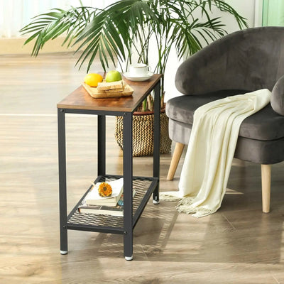 Industrial Sofa Table With Shelf by Vasagle - A charming side table with a black steel frame and a rustic brown wooden tabletop - There is an open shelf with a mesh bottom
