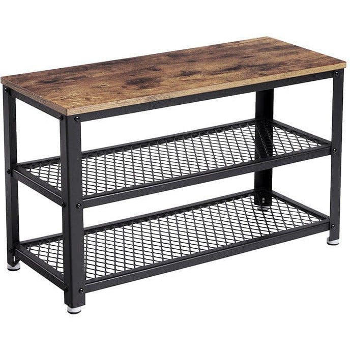 Vasagle Industrial Shoe Bench - Features a black steel frame and rustic brown wooden top, which can be used as a seat. There are two open shelves for storing pairs of shoes