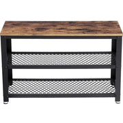 Vasagle Industrial Shoe Bench - Features a black steel frame and rustic brown wooden top, which can be used as a seat. There are two open shelves for storing pairs of shoes