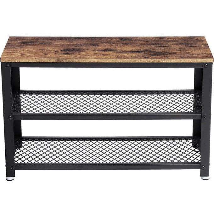Vasagle Industrial Shoe Bench - Features a black steel frame and rustic brown wooden top, which can be used as a seat. There are two open shelves for storing pairs of shoes