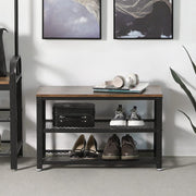 Vasagle Industrial Shoe Bench - Features a black steel frame and rustic brown wooden top, which can be used as a seat. There are two open shelves for storing pairs of shoes