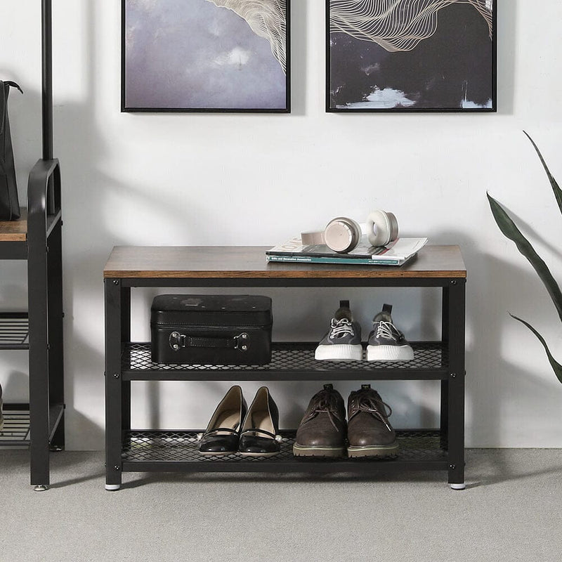 Vasagle Industrial Shoe Bench - Features a black steel frame and rustic brown wooden top, which can be used as a seat. There are two open shelves for storing pairs of shoes