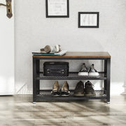 Vasagle Industrial Shoe Bench - Features a black steel frame and rustic brown wooden top, which can be used as a seat. There are two open shelves for storing pairs of shoes