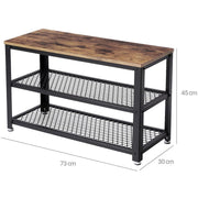 Vasagle Industrial Shoe Bench - Features a black steel frame and rustic brown wooden top, which can be used as a seat. There are two open shelves for storing pairs of shoes