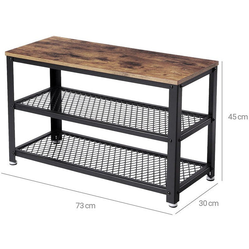 Vasagle Industrial Shoe Bench - Features a black steel frame and rustic brown wooden top, which can be used as a seat. There are two open shelves for storing pairs of shoes