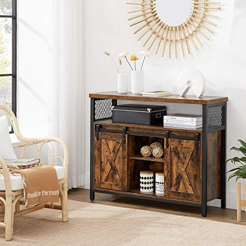 Industrial Style Kitchen Sideboard With Sliding Doors by Vasagle Rustic Brown and Black.