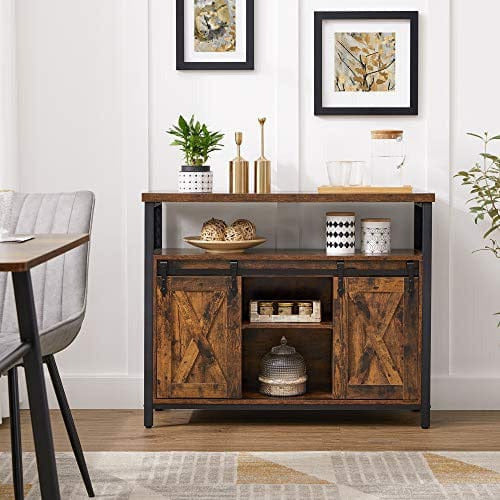 Industrial Style Kitchen Sideboard With Sliding Doors by Vasagle Rustic Brown and Black.