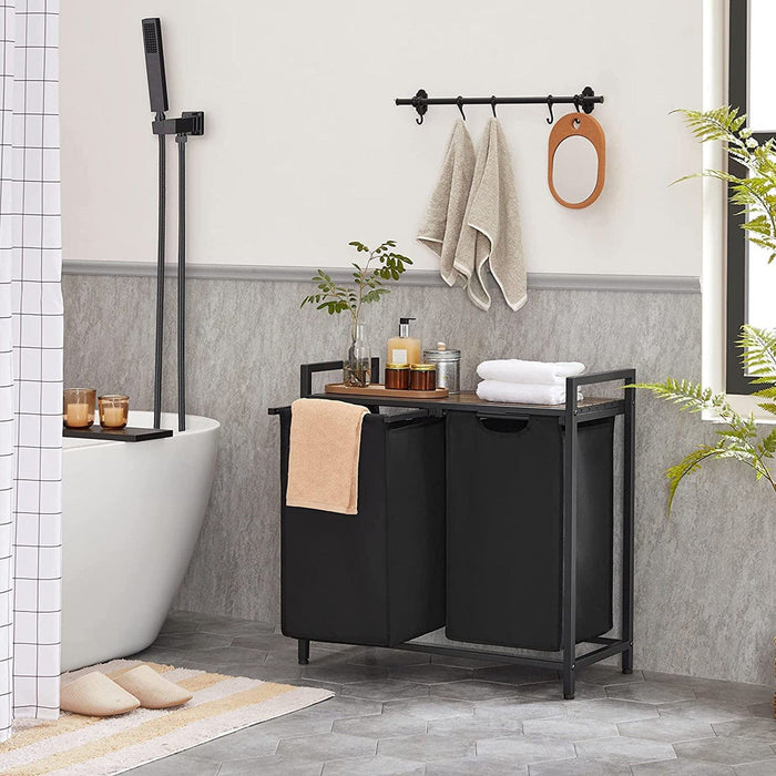 Industrial Style Laundry Organiser With Shelf - 2 Removable Bins For Easy Laundry Sorting