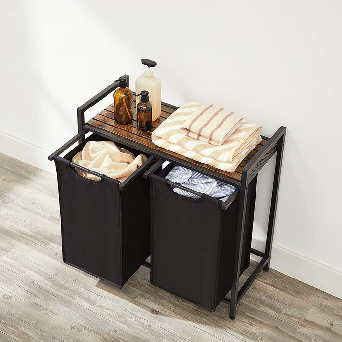 Industrial Style Laundry Organiser With Shelf - 2 Removable Bins For Easy Laundry Sorting