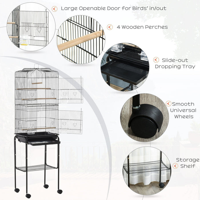 Budgie Cage With Stand, Wheels, Slide-out Tray, 36x46x157cm