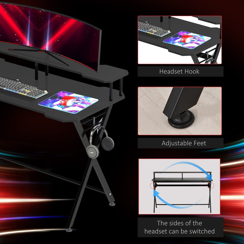 Gaming Desk With Shelves, X Frame, Headphone Hook, Black Homcom