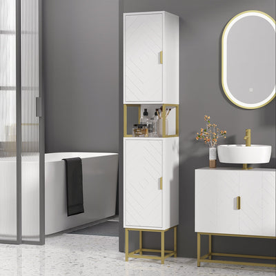 White Narrow Bathroom Storage Cabinet With Adjustable Shelf Kleankin