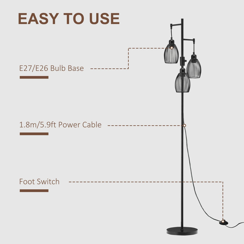 Industrial Floor Lamp, 3 Lights, Dimmable, Metal Shades