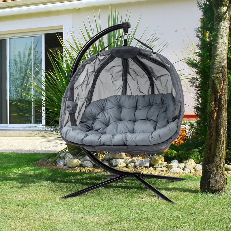 Double Egg Swing Chair With Stand, Grey, Pure Relaxation Outsunny