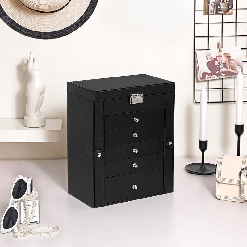 Black Leather Lockable Jewellery Box 6 Tier by Songmics