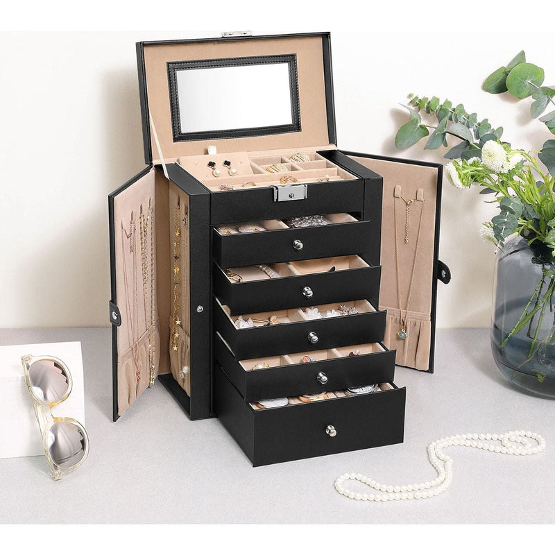 Black Leather Lockable Jewellery Box 6 Tier by Songmics