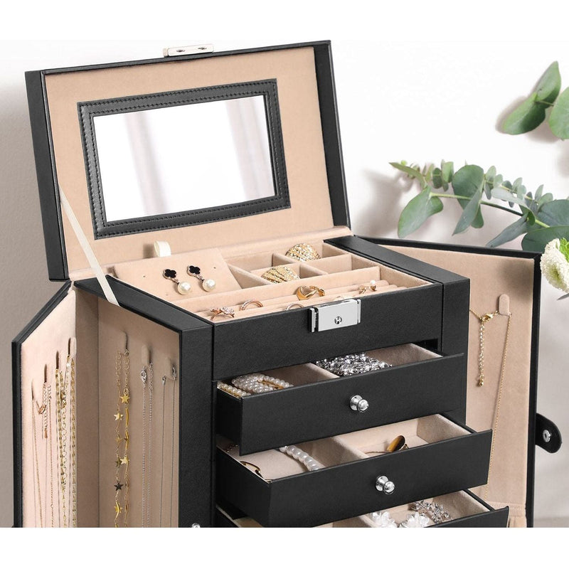 Black Leather Lockable Jewellery Box 6 Tier by Songmics