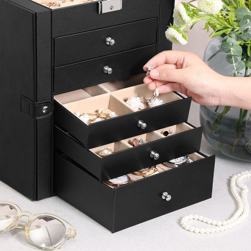 Black Leather Lockable Jewellery Box 6 Tier by Songmics