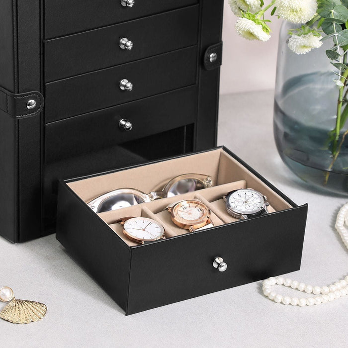 Black Leather Lockable Jewellery Box 6 Tier