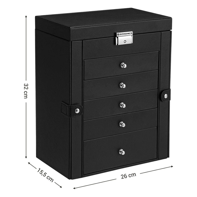 Black Leather Lockable Jewellery Box 6 Tier by Songmics