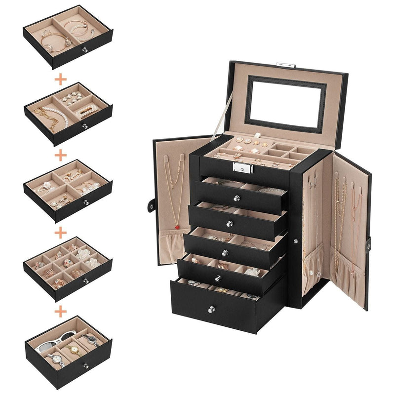 Black Leather Lockable Jewellery Box 6 Tier by Songmics