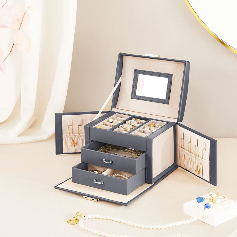 Grey Leather Jewellery Box Lockable Songmics