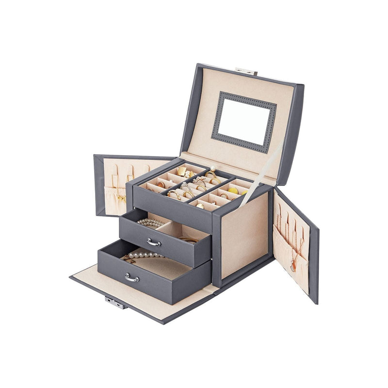 Grey Leather Jewellery Box Lockable Songmics