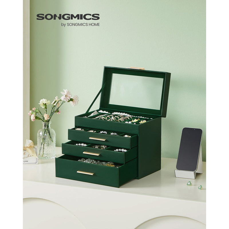 Songmics Jewelry Box With Glass Top, Green And Gold