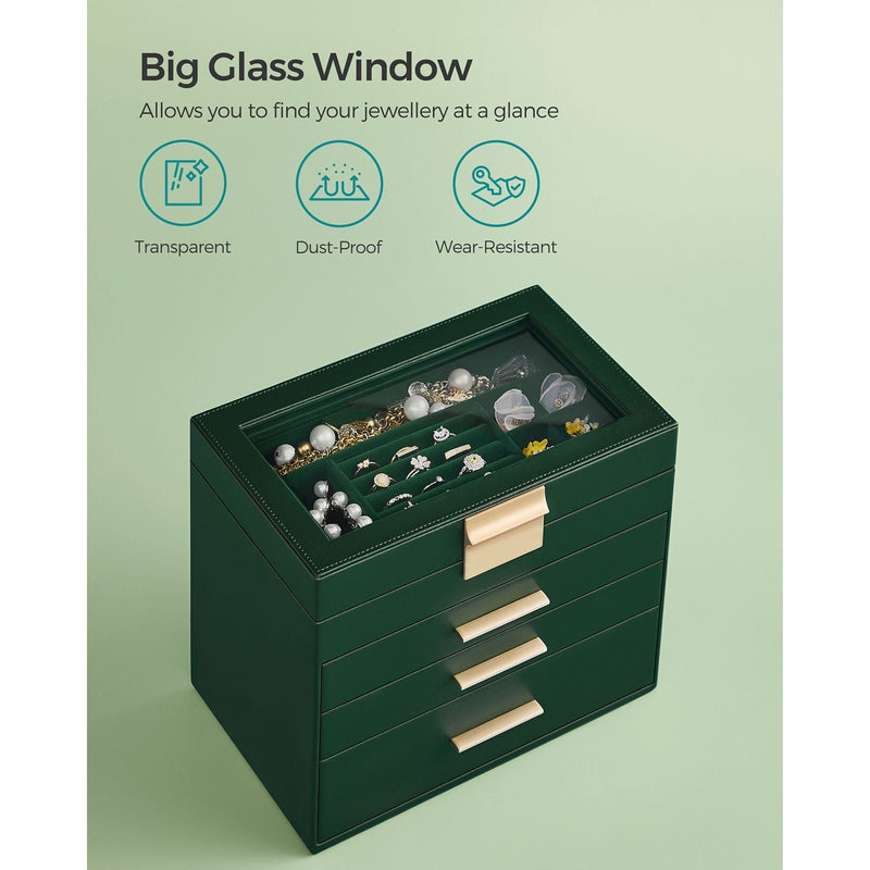 Songmics Jewelry Box With Glass Top, Green And Gold