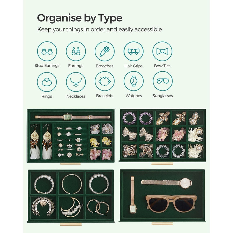 Songmics Jewelry Box With Glass Top, Green And Gold