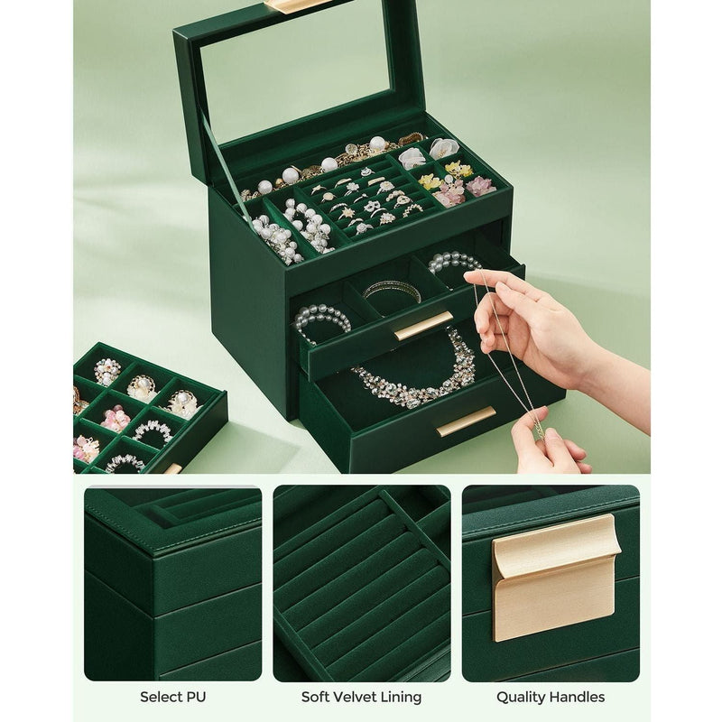 Songmics Jewelry Box With Glass Top, Green And Gold