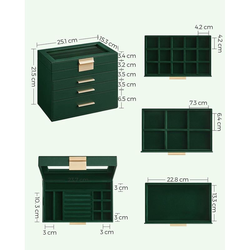 Songmics Jewelry Box With Glass Top, Green And Gold