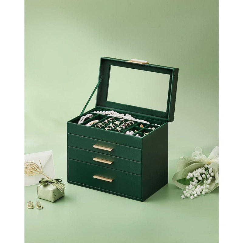 Songmics Jewelry Box With Glass Top, Green And Gold