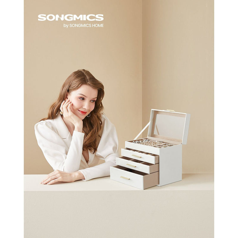 Songmics Jewelry Box With Glass Top, White And Gold