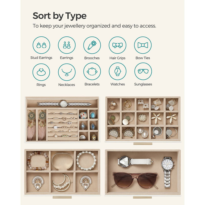 Songmics Jewelry Box With Glass Top, White And Gold