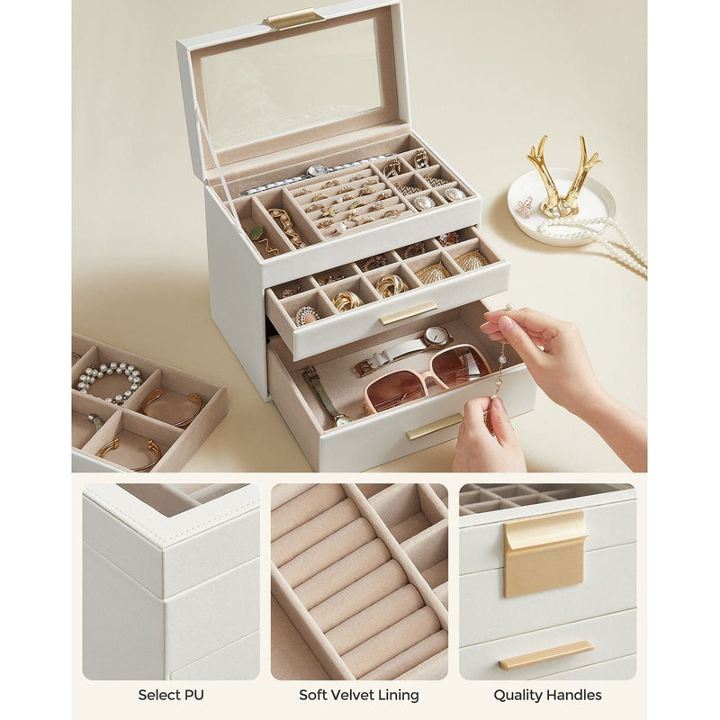 Songmics Jewelry Box With Glass Top, White And Gold