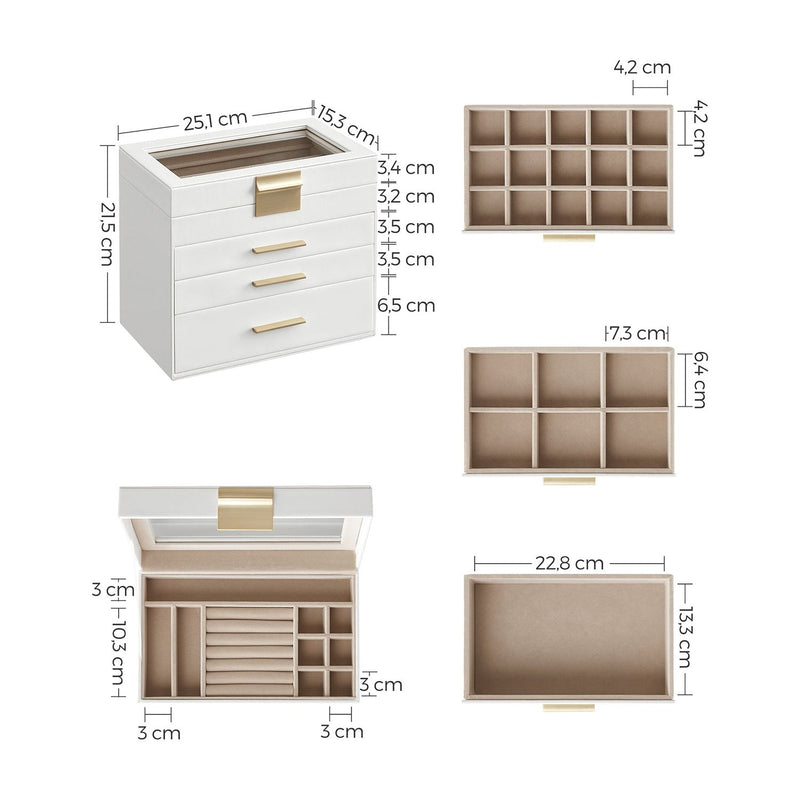 Songmics Jewelry Box With Glass Top, White And Gold