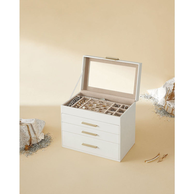 Songmics Jewelry Box With Glass Top, White And Gold