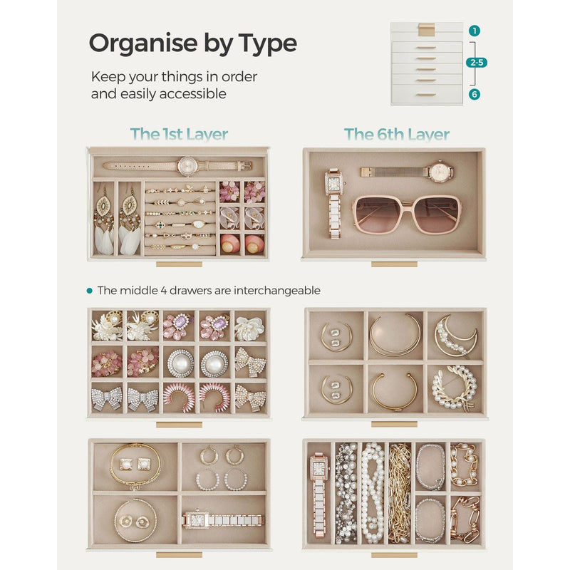 Songmics Jewellery Box With Drawers White Gold