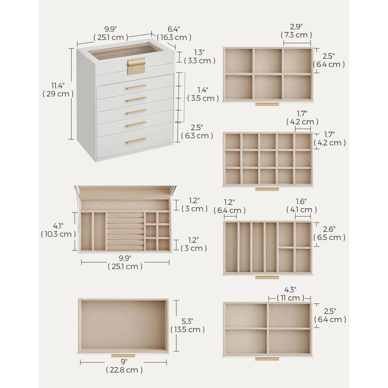 Songmics Jewellery Box With Drawers White Gold