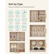The Dressing Table Jewellery Organiser in white offers ample storage with various compartments designed for stud earrings, necklaces, bracelets, and other accessories. It's ideal for your dressing table, with icons on the left to indicate each type of item.